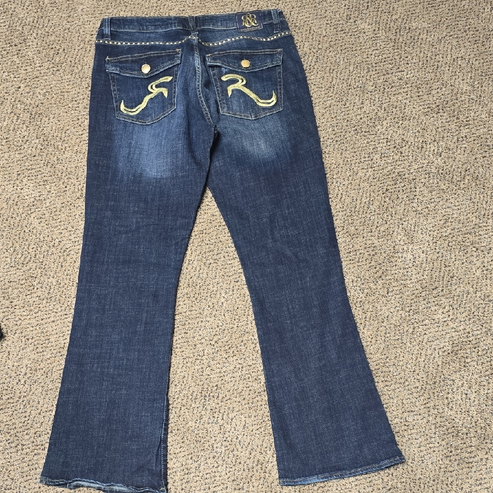 Rock & Republic Blue With Gold Accents Flare Jeans. Size 16